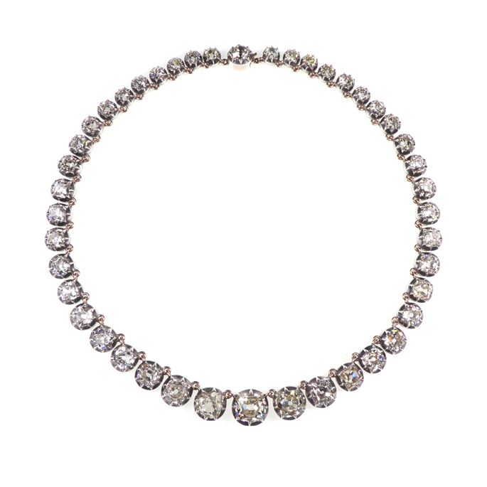 Graduated cushion diamond collet necklace | MasterArt